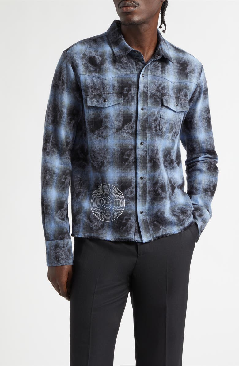 MIDNIGHT RODEO Laurel Canyon Plaid Flannel Graphic Shirt, Main, color, Overdye Blue