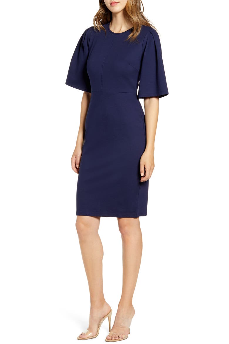 Flutter Sleeve Ponte Dress, Main, color, NAVY PEACOAT