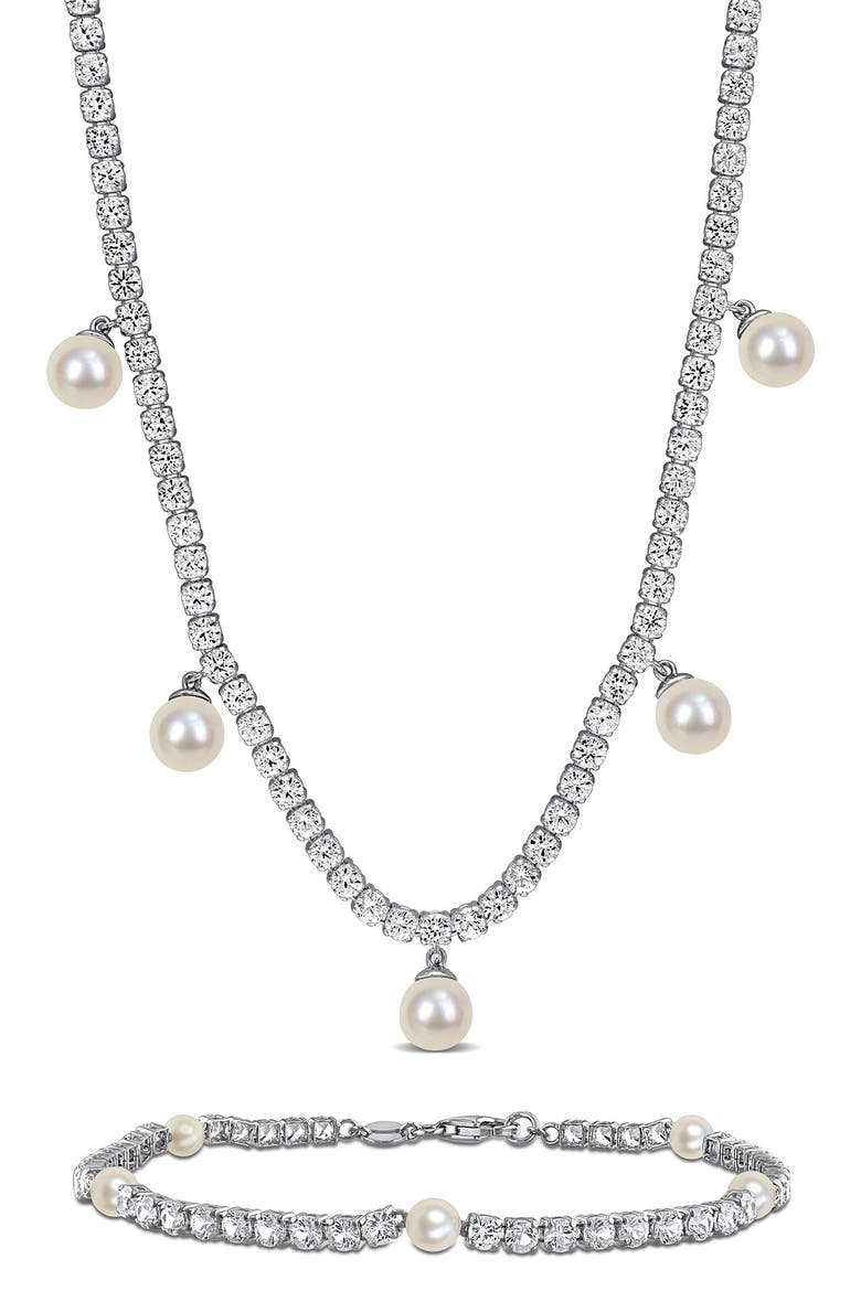 Lab Grown White Sapphire & Cultured Freshwater Pearl Tennis Necklace & Bracelet Set, Main, color, PEARL/ WHITE SAPPHIRE