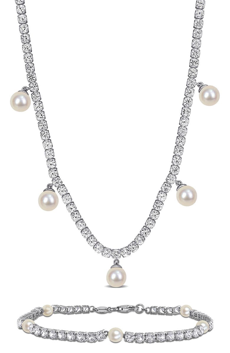 DELMAR Lab Grown White Sapphire & Cultured Freshwater Pearl Tennis Necklace & Bracelet Set, Main, color, Pearl/ White Sapphire