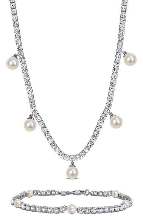 Lab Grown White Sapphire & Cultured Freshwater Pearl Tennis Necklace & Bracelet Set
