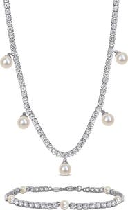 DELMAR Lab Grown White Sapphire & Cultured Freshwater Pearl Tennis Necklace & Bracelet Set