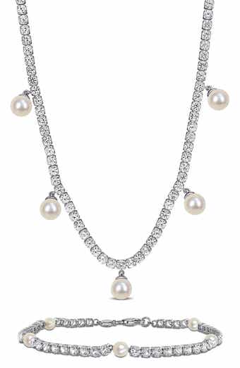 DELMAR Lab Grown White Sapphire & Cultured Freshwater Pearl Tennis Necklace & Bracelet Set