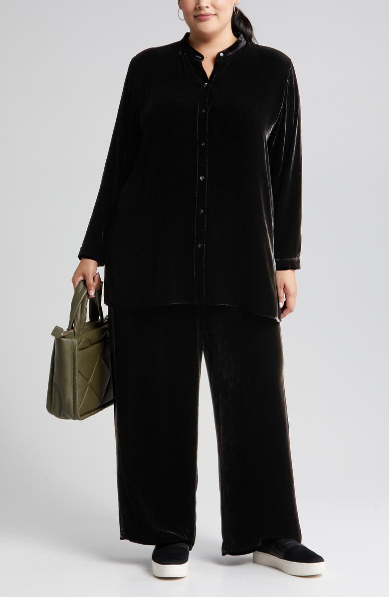 Eileen Fisher Band Collar Velvet Longline Button-Up Shirt, Main, color, 