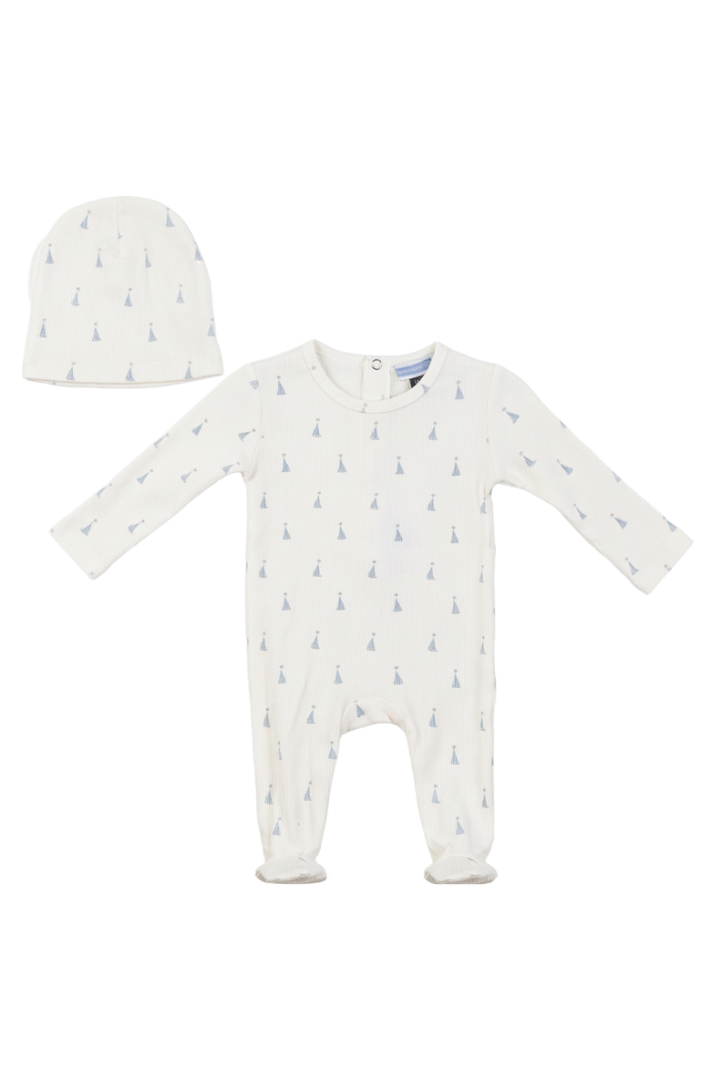 Whipped Cocoa Sail Boat Ribbed Matching Hat Romper Set, Main, color, Off White/Blue