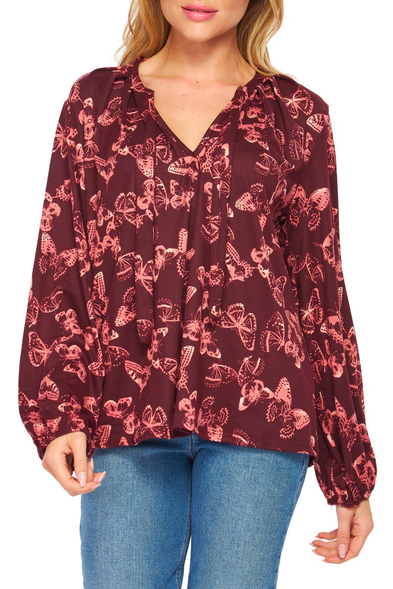 Poet Tie Front Long Sleeve Top, Main, color, BURGUNDY