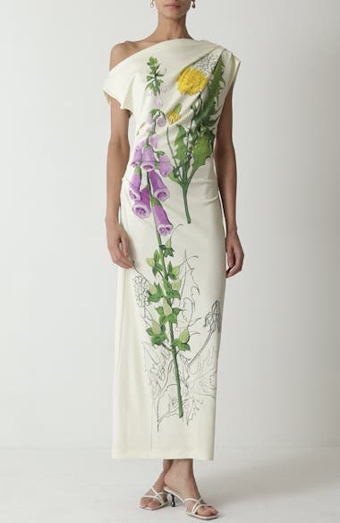 Oscar de la Renta Foxglove Sketch Off the Shoulder Jersey Dress