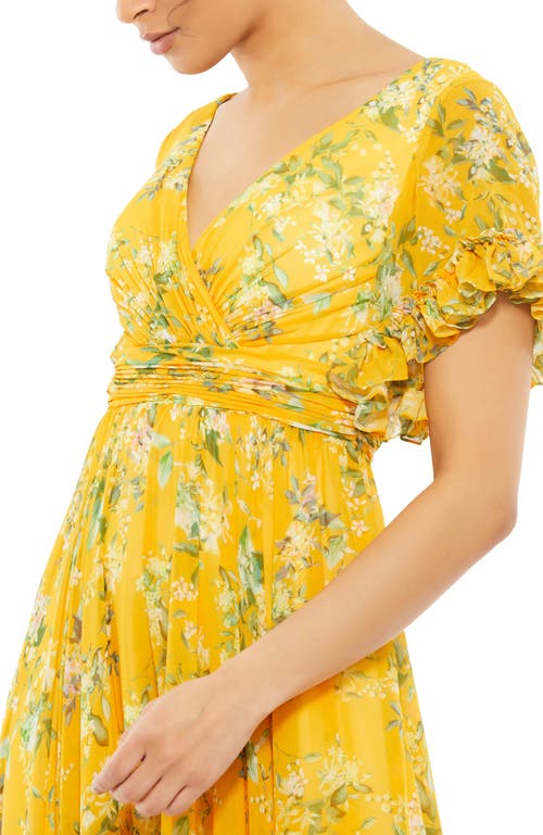 Mac Duggal Flounce Sleeve Floral Maxi Dress In Yellow Multi