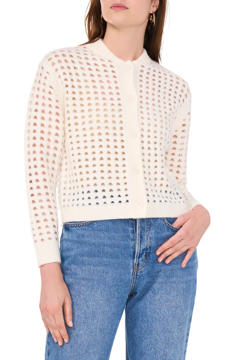 Vince Camuto Pointelle Crewneck Cardigan, Main, color, Antique White