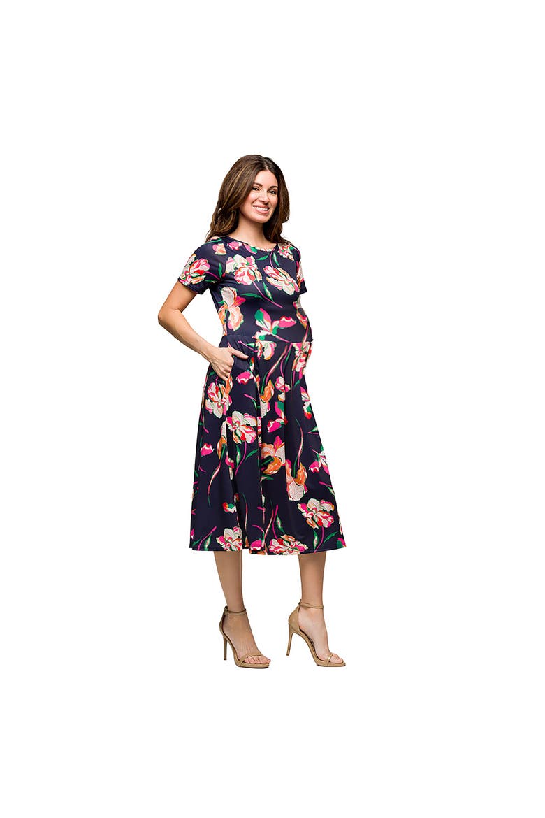 Maternity Navy Floral Short Sleeve Pleated Flare Midi Pocket Dress, Alternate, color, Blue Multi
