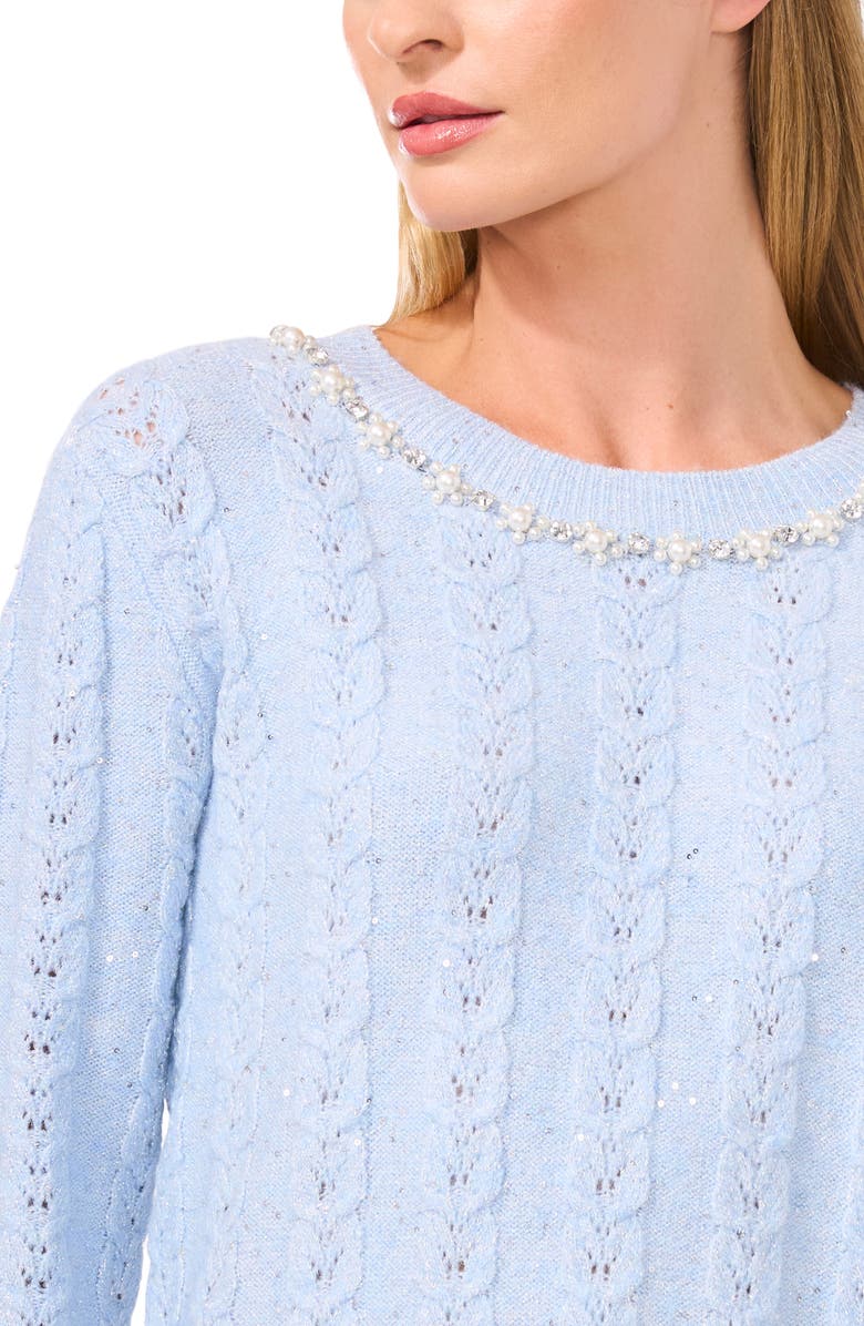 CeCe Embellished Sequin Cable Stitch Sweater, Alternate, color, Blue Ice