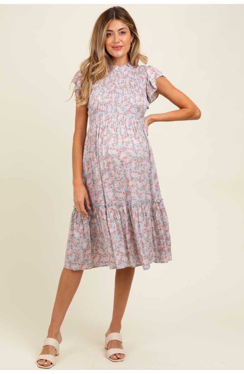 PinkBlush Floral Mock Neck Smocked Ruffe Sleeve Midi Dress, Main, color, Light Blue