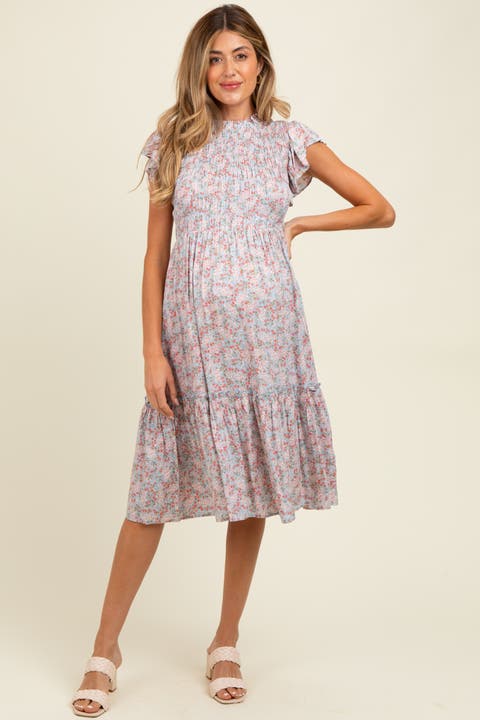 Floral Mock Neck Smocked Ruffe Sleeve Midi Dress