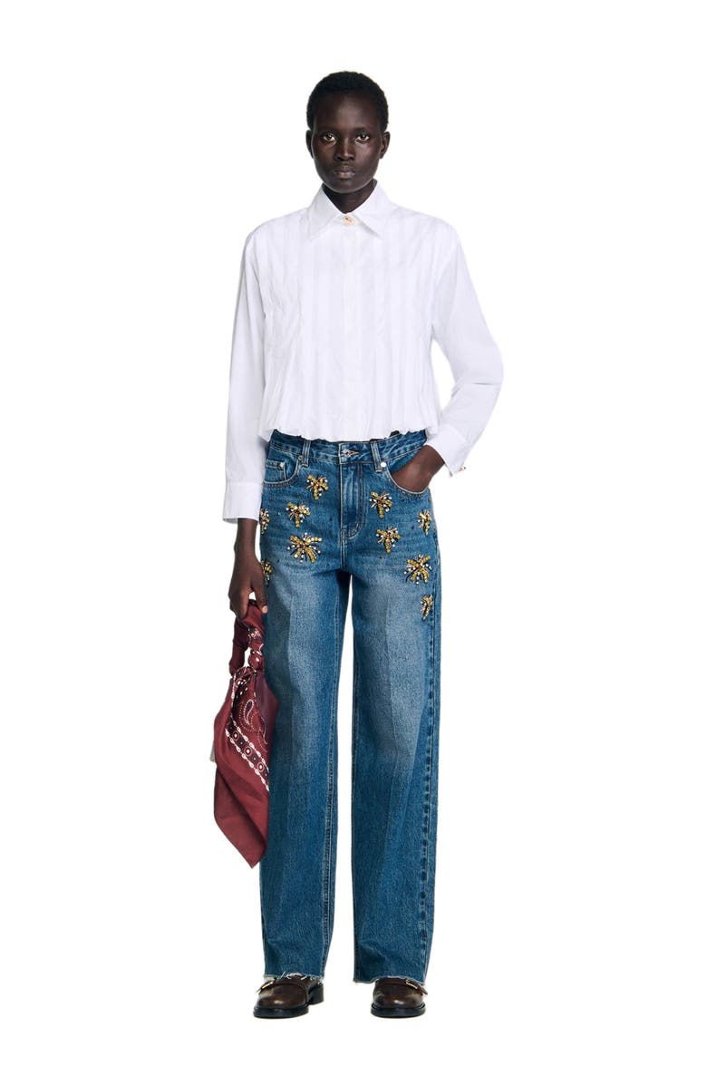 SANDRO Pleated cropped shirt, Alternate, color, White