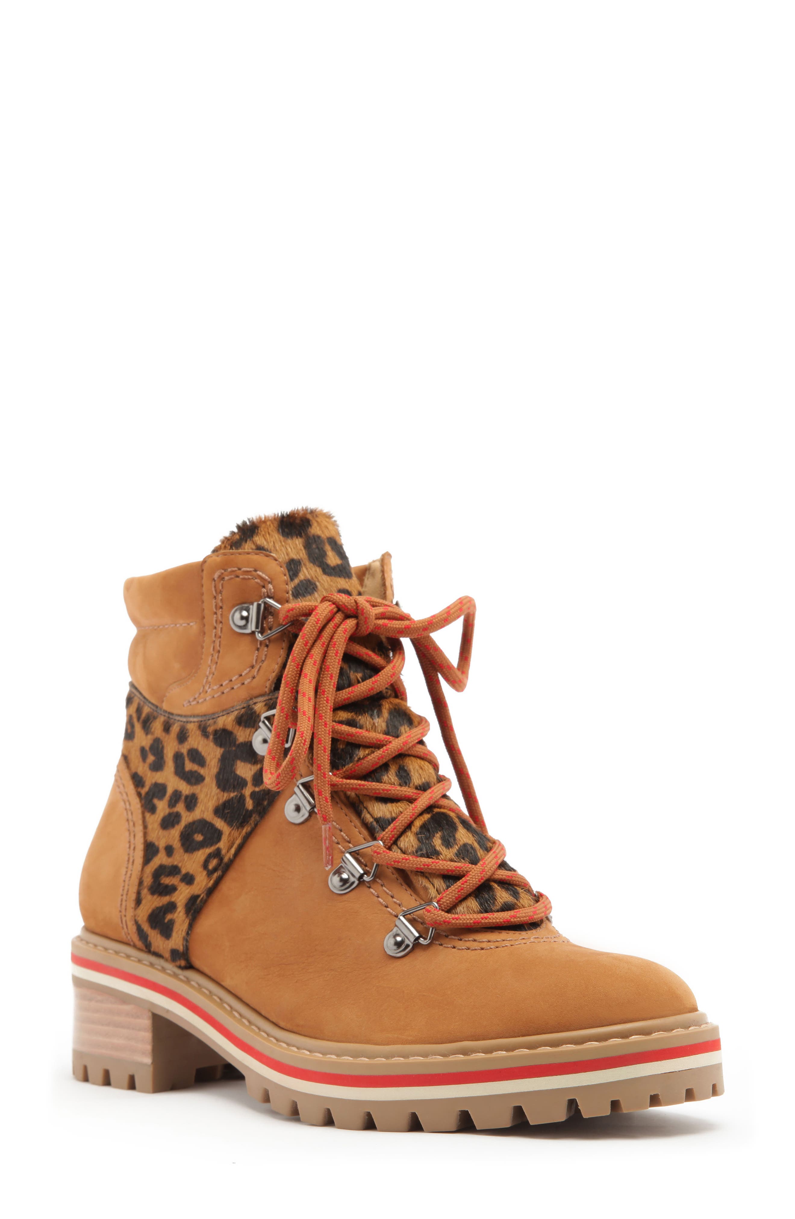 Keida Leopard Print Genuine Calf Hair Trim Hiking Boot, Main, color, WOOD/ SAND-BLACK CALF HAIR