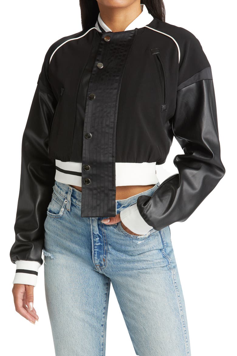 Mixed Media Bomber Jacket, Alternate, color, BLACK