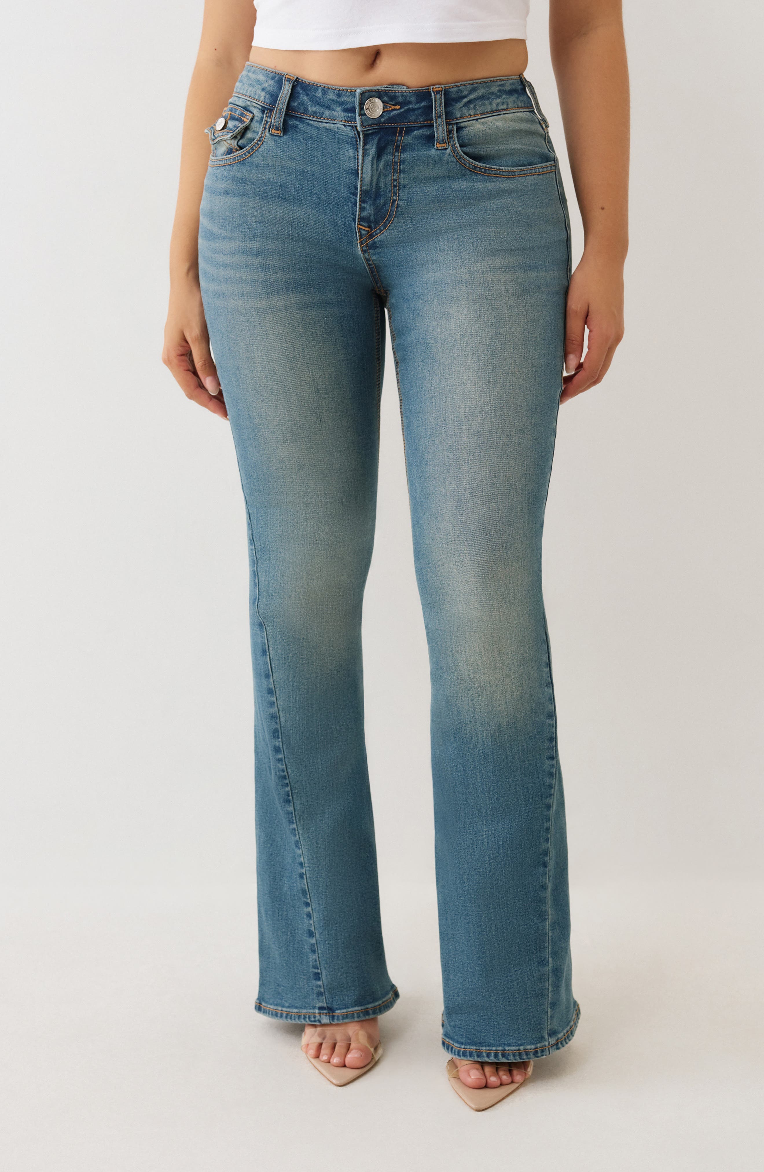 True Religion Joey Mid Rise Button Flap Flare Jeans