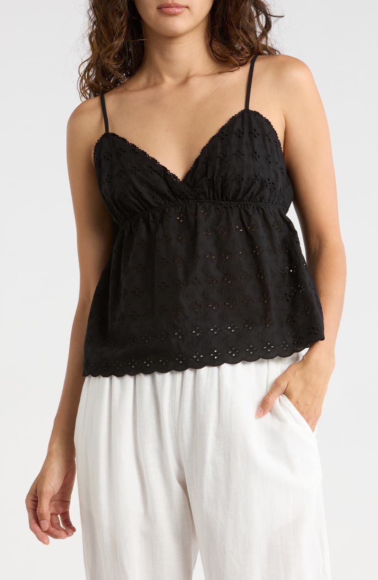 Madden Girl Eyelet Babydoll Cotton Camisole, Main, color, Black