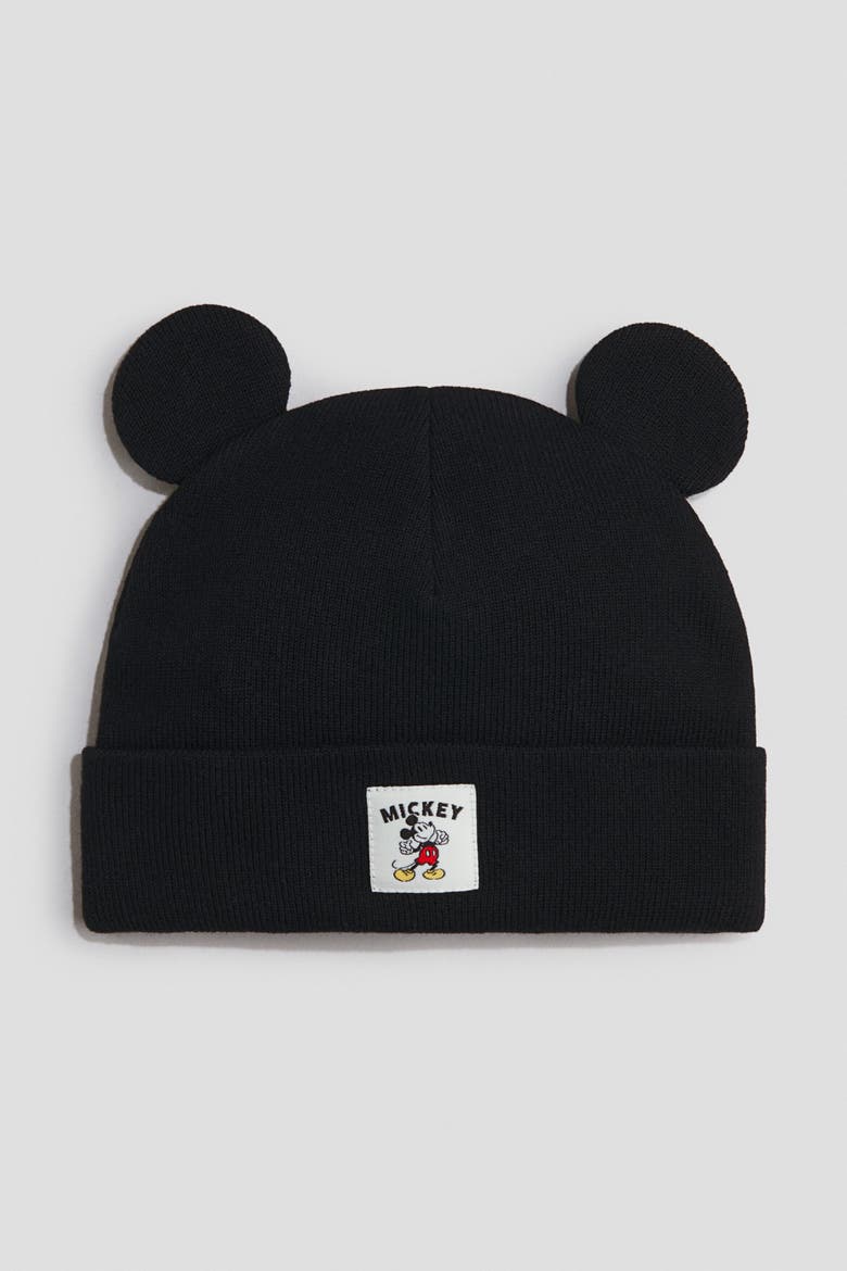 Beanie With Ear Appliqué, Main, color, Black/Mickey Mouse