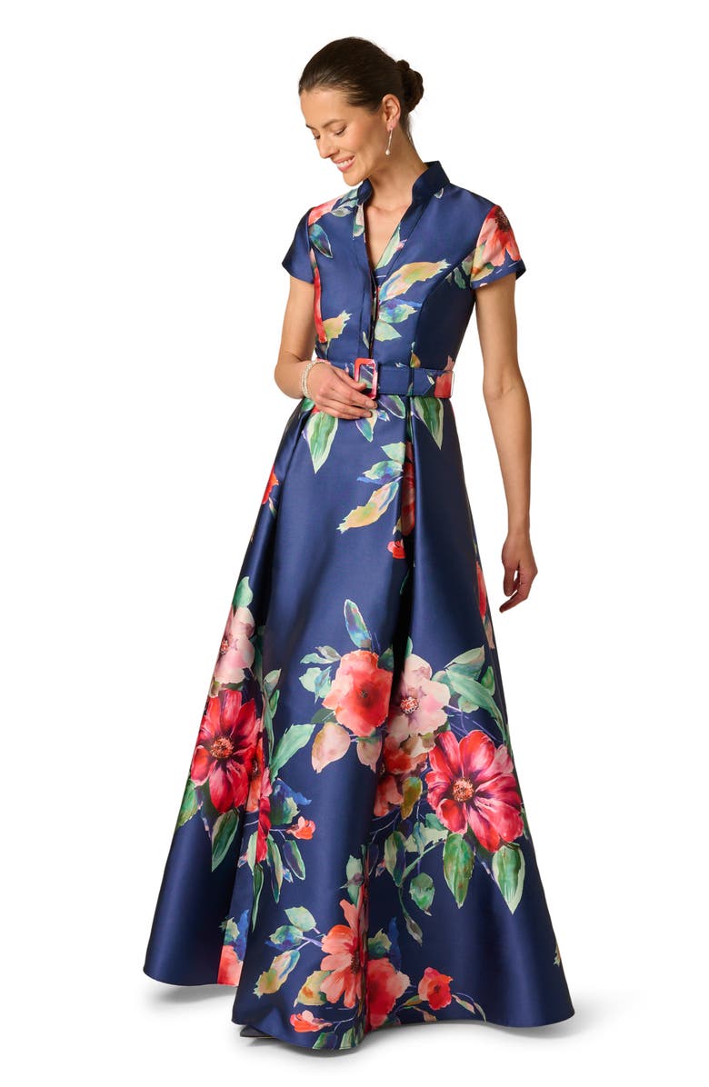Adrianna Papell Floral Belted Mikado Gown, Alternate, color, Navy Multi