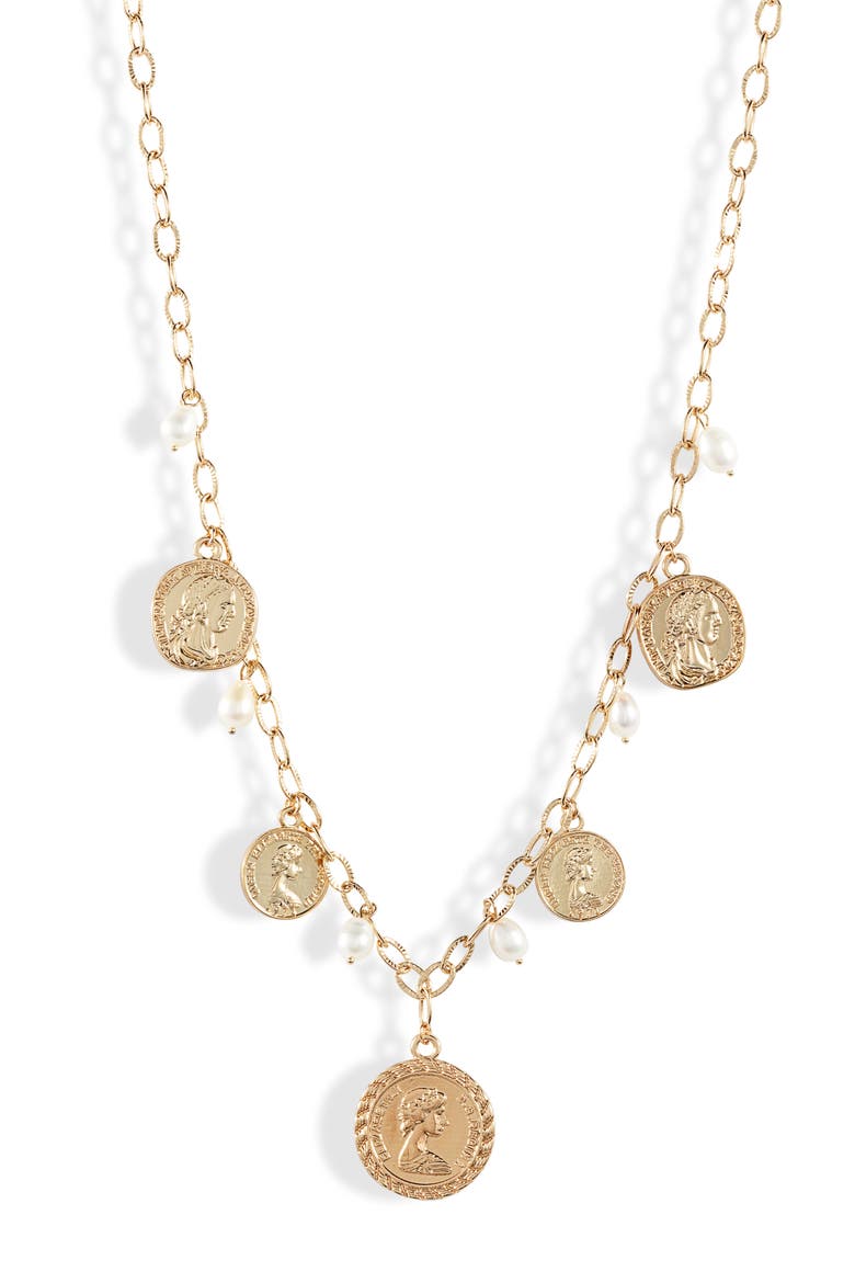 Coin & Natural Pearl Long Necklace, Alternate, color, GOLD