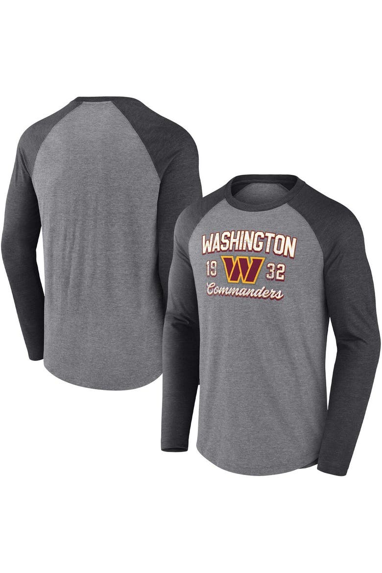 Men's Fanatics Branded Heathered Gray/Heathered Charcoal Washington Commanders Weekend Casual Raglan Long Sleeve T-Shirt, Alternate, color, Heather Gray