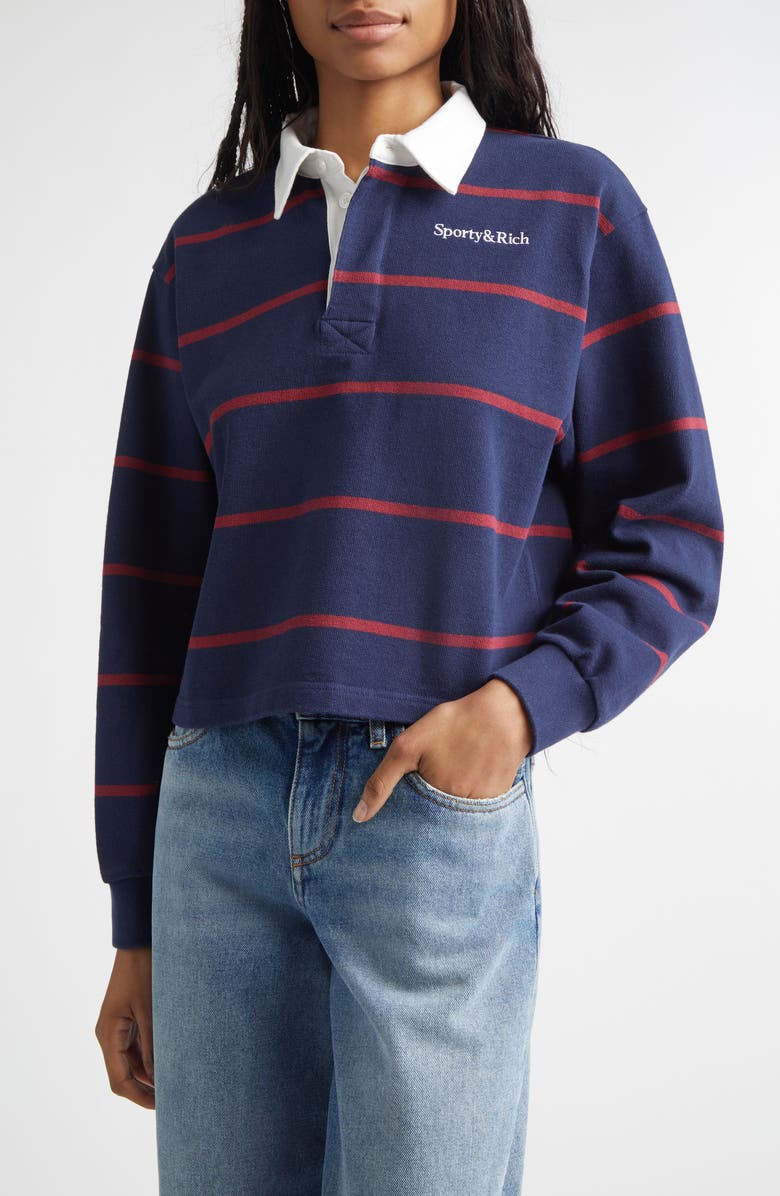 Sporty
Rich Serif Logo Embroidered Cotton Long Sleeve Rugby Polo, Main, color, Dark Navy/White/Merlot