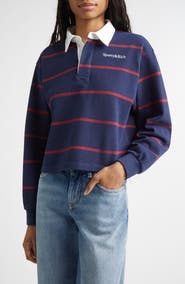 Sporty & Rich Serif Logo Embroidered Cotton Long Sleeve Rugby Polo