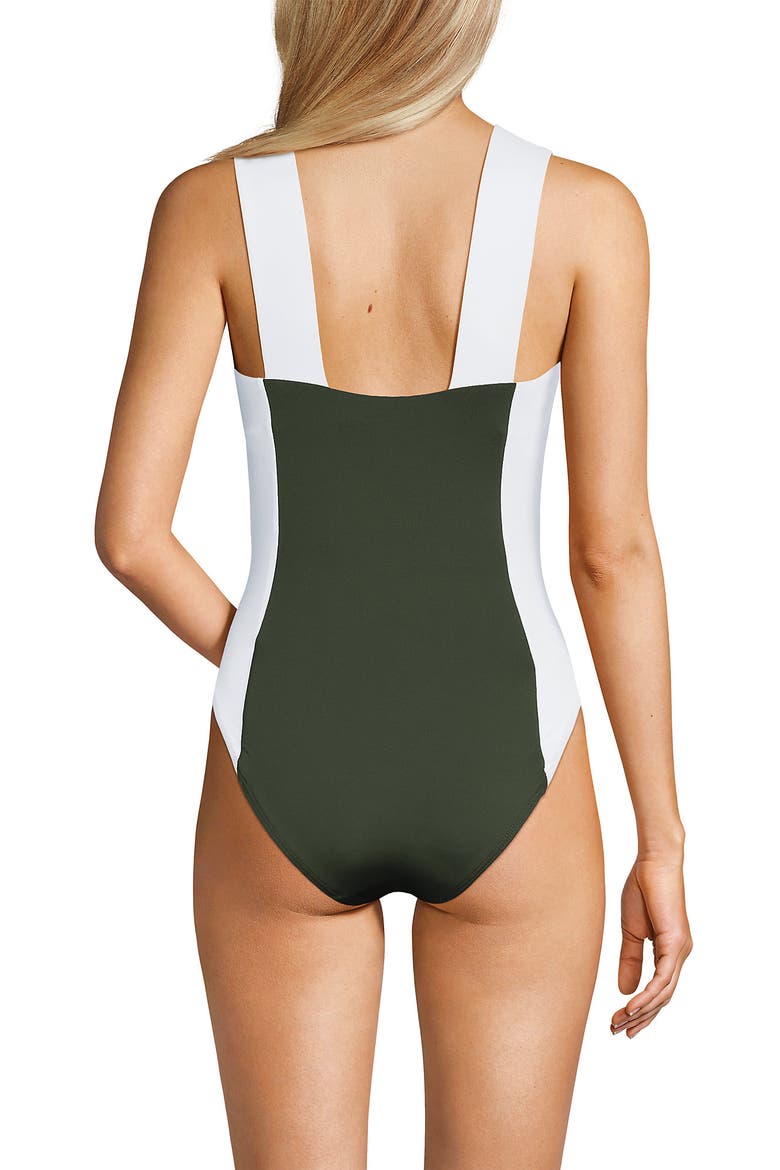 Square Neck High Leg One Piece Swimsuit, Alternate, color, Rich Olive Green/White