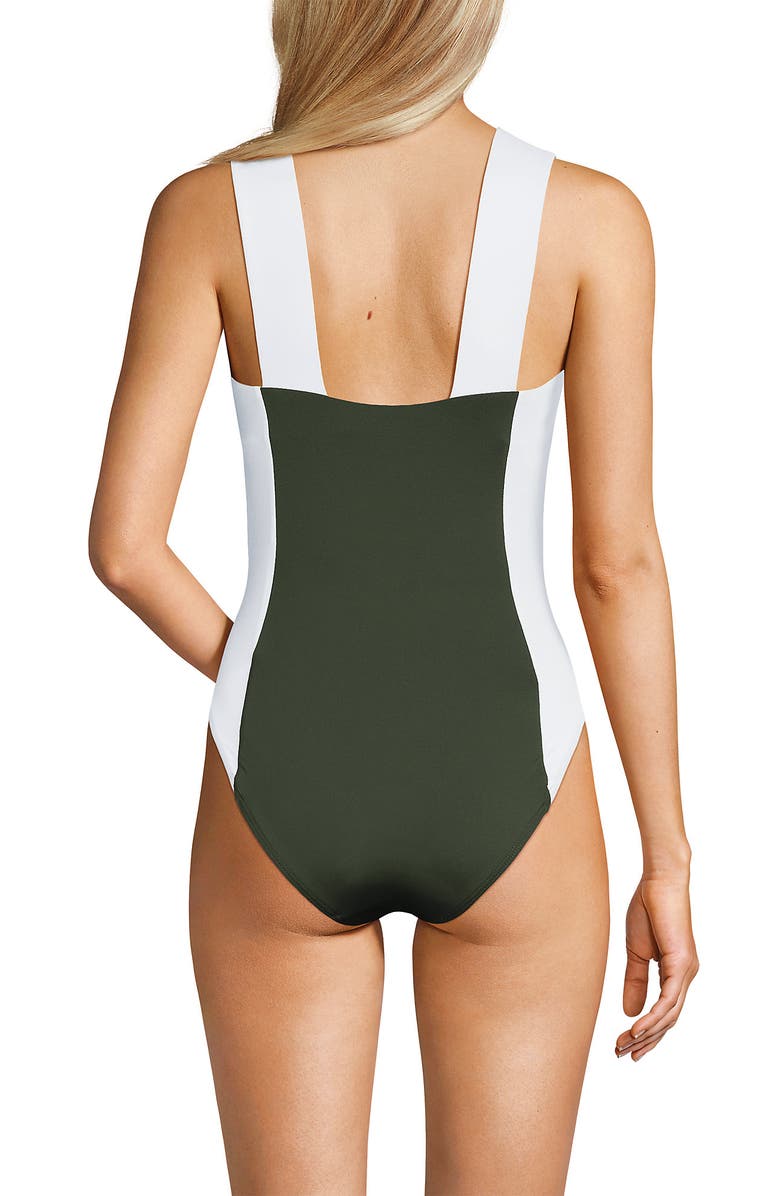 Lands' End Square Neck High Leg One Piece Swimsuit, Alternate, color, Rich Olive Green/White
