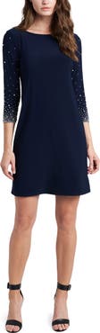 Chaus Imitation Pearl & Rhinestone Sleeve Sheath Dress