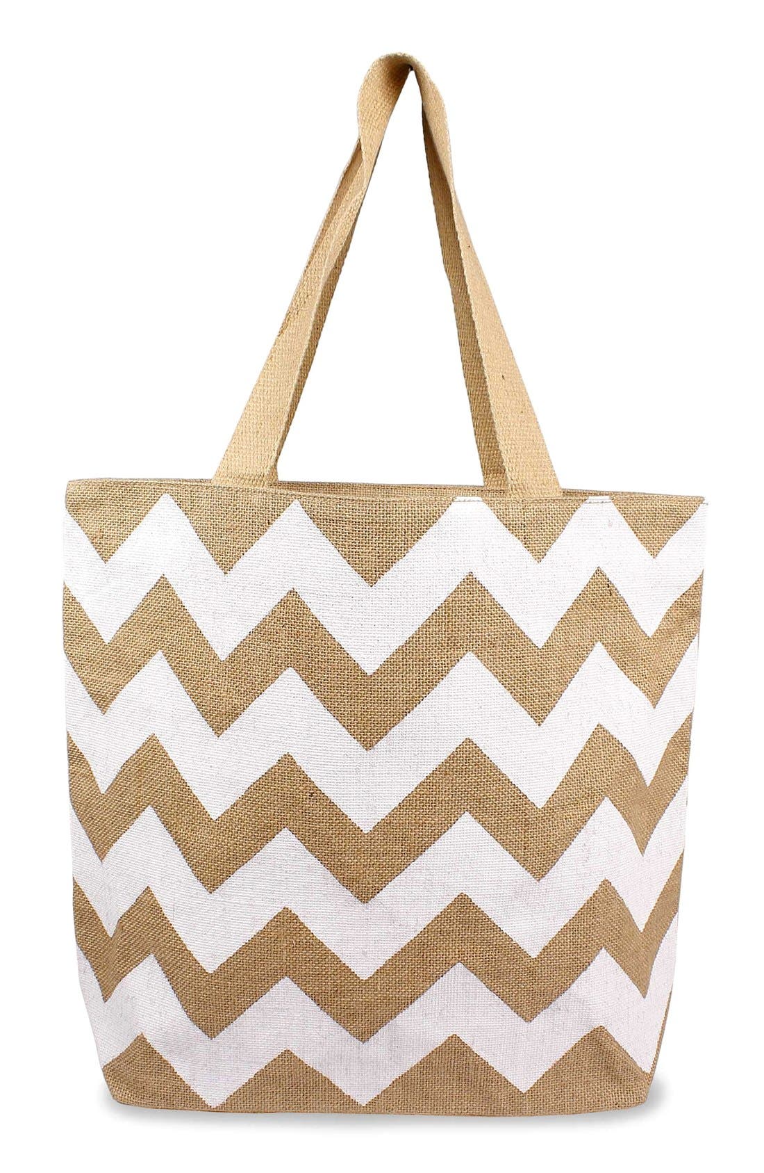 Monogram Chevron Print Jute Tote, Main, color, WHITE/ NATURAL