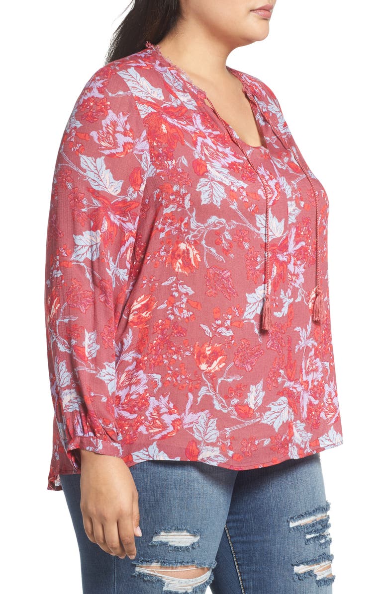 Lucky Brand Fringe Neck Floral Blouse, Alternate, color, Red Multi