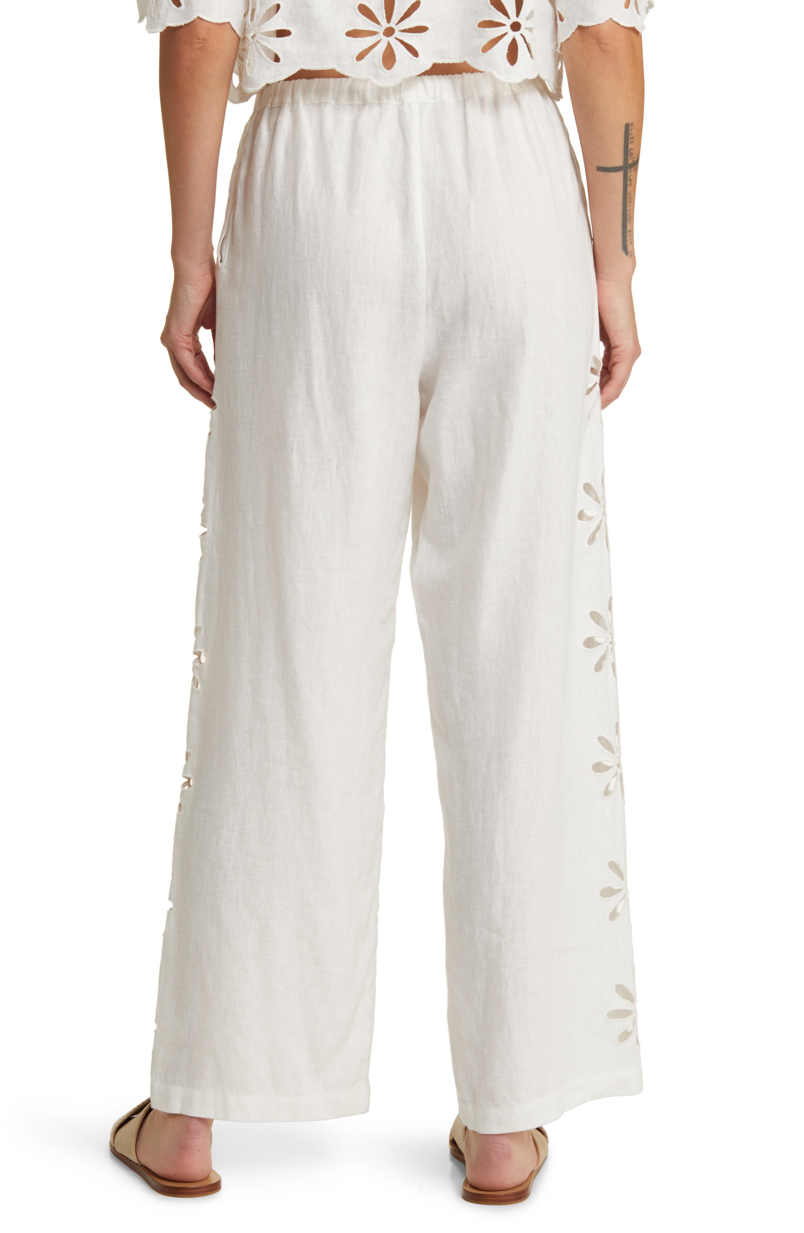 Emmie Eyelet Drawstring Wide Leg Linen Pants - image 2