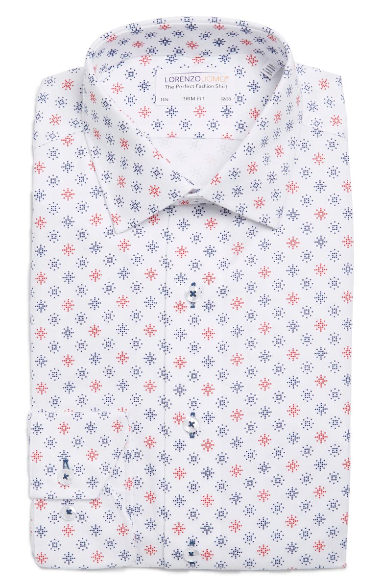 Lorenzo Uomo Printed Trim Fit Dress Shirt, Main, color, White/ Blue/ Red