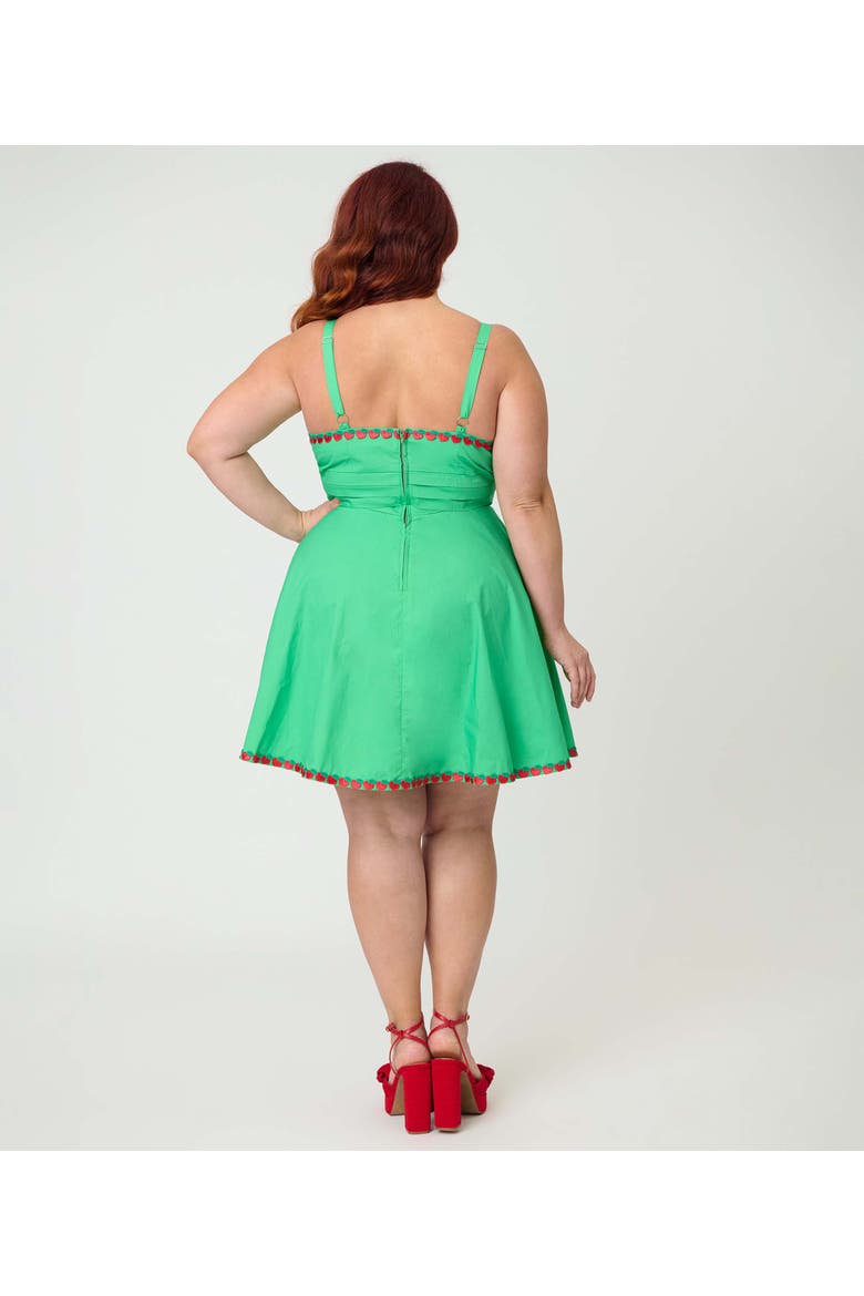 Plus Size 1950s Sleeveless Cotton Flare Dress, Alternate, color, Green w/ Red Apple Embroidery