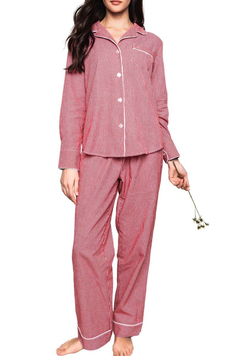 Petite Plume Houndstooth Cotton Pajamas, Main, color, Red