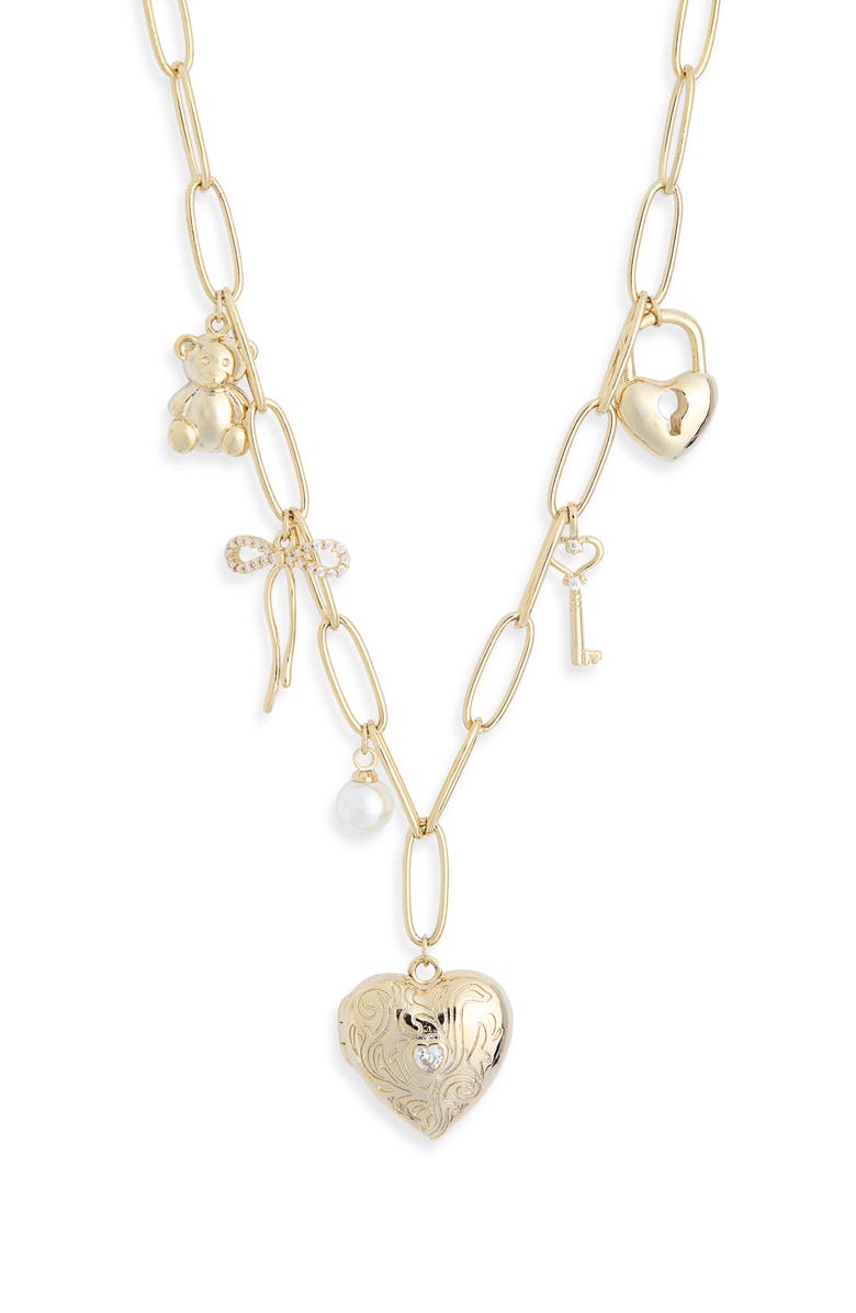 Leith Heart & Bow Charm Necklace, Alternate, color, Clear- White- Gold