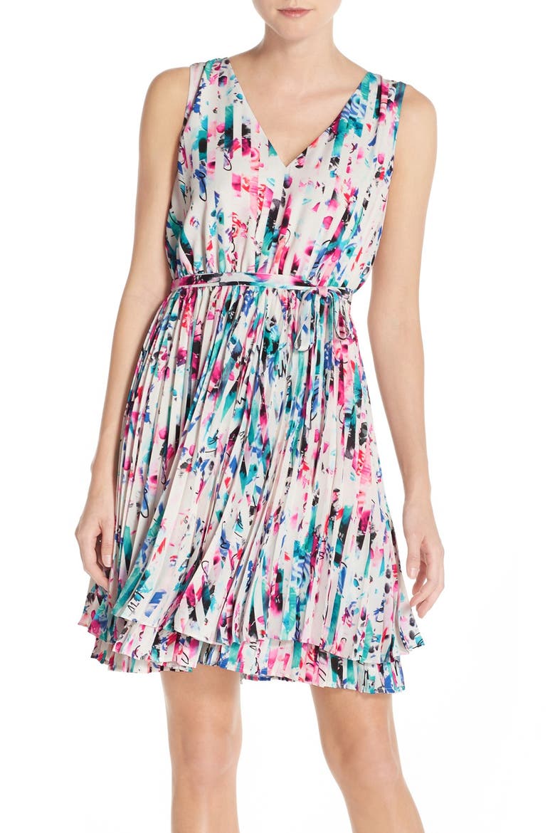 Print Woven Fit & Flare Dress, Main, color, RED STRIPED FLORAL