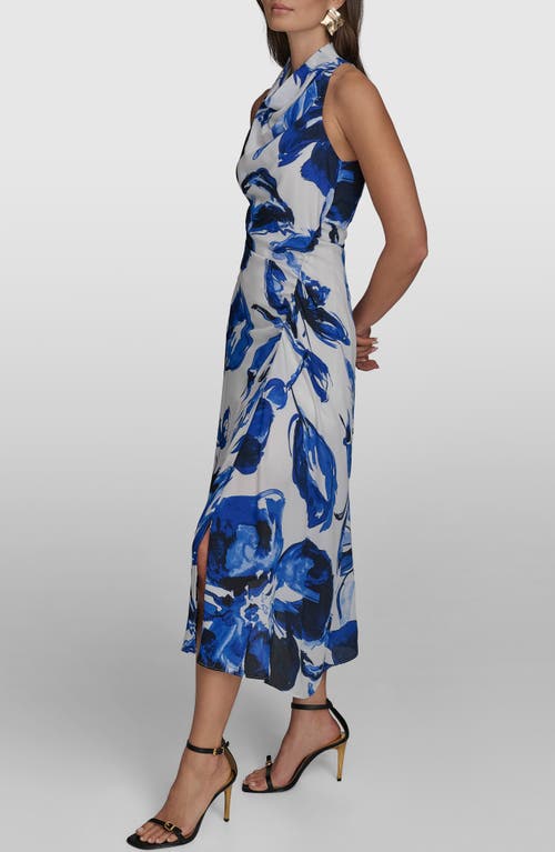 Donna Karan New York Floral Cowl Neck Asymmetric Dress In Blue