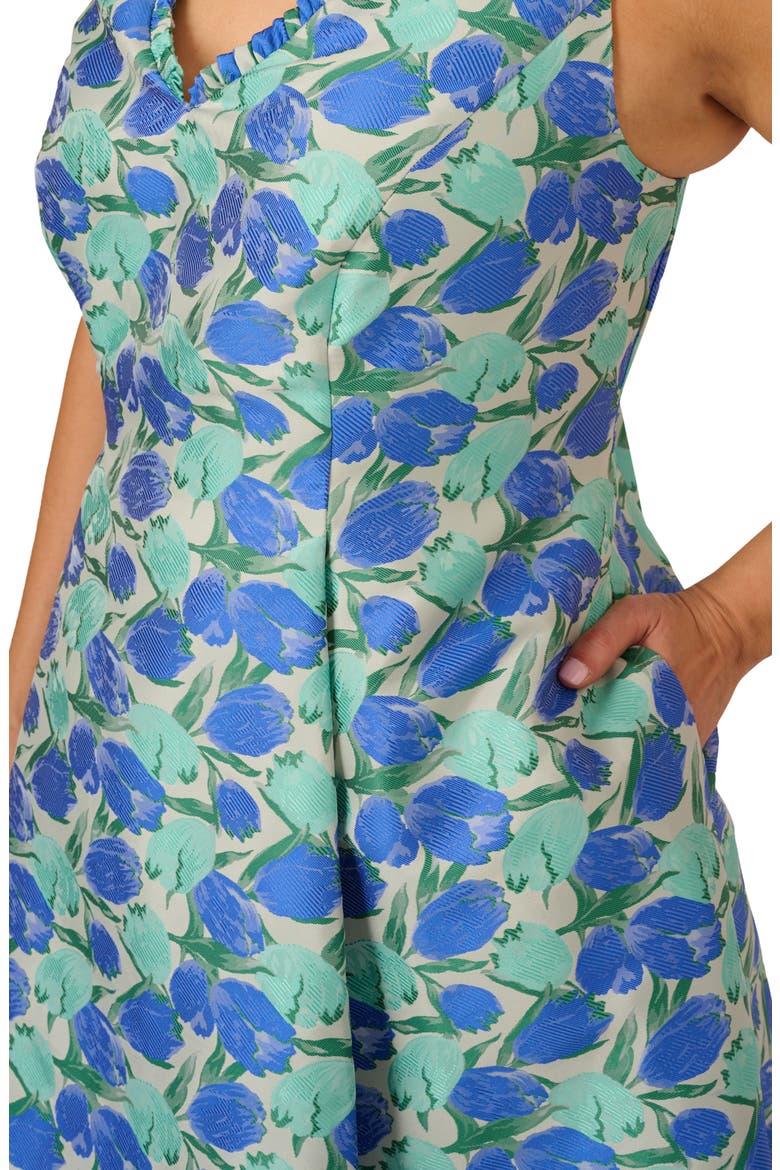 adrianna papell floral jacquard fit and flare dress Chrysanthemum Floral Jacquard Fit And Flare Tea Length Dress In Blue Multi