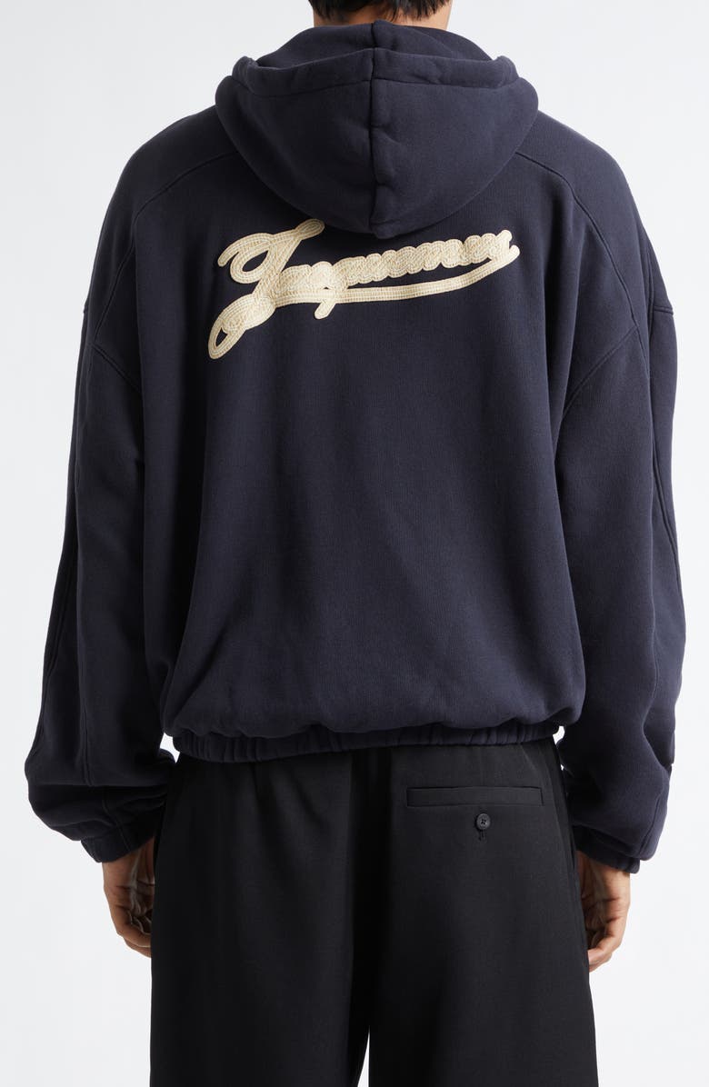 Jacquemus Le Hoodie Torneo Logo Patch Cotton Zip Hoodie, Alternate, color, Rosemary Label Dark Navy