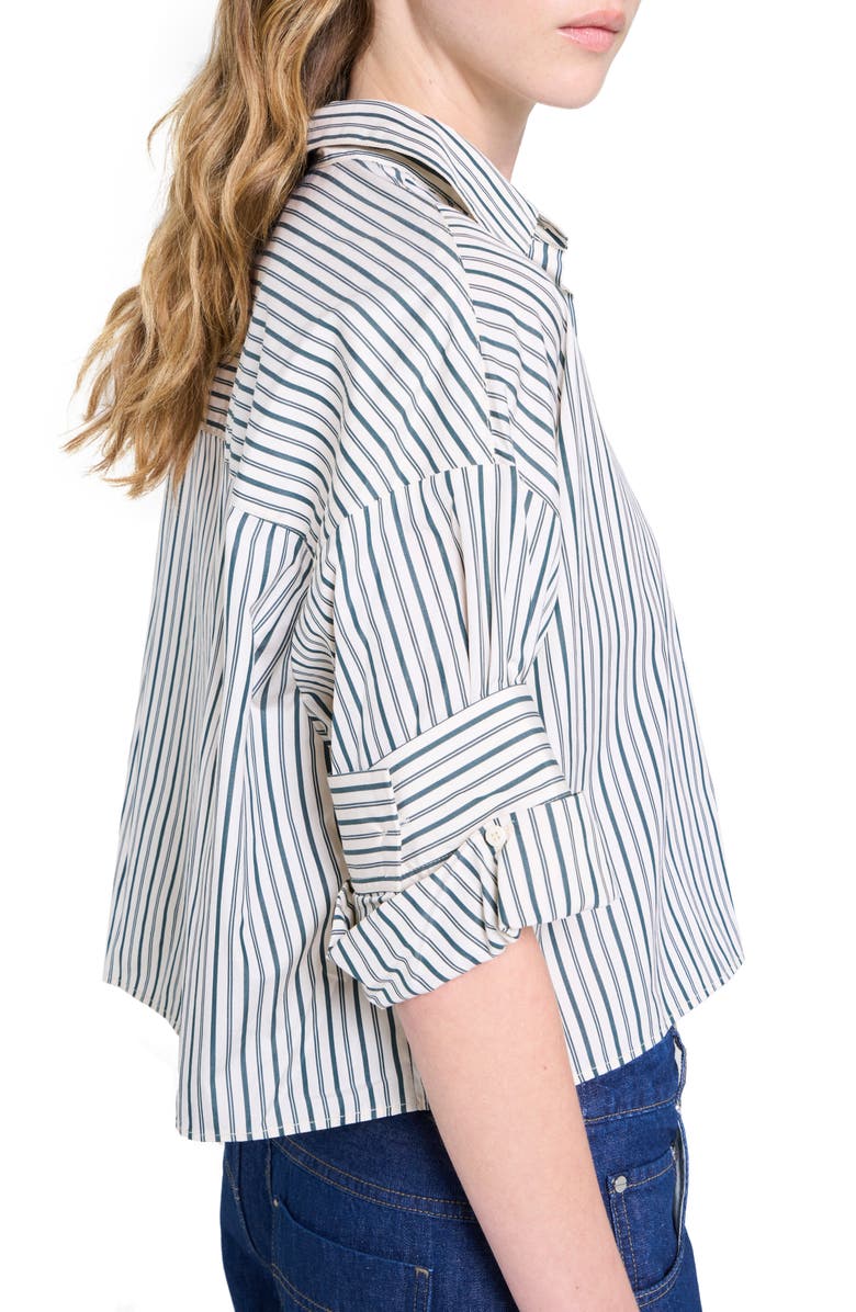 TWP Next Ex Stripe Crop Cotton Button-Up Shirt, Alternate, color, Ivory/ Cilantro