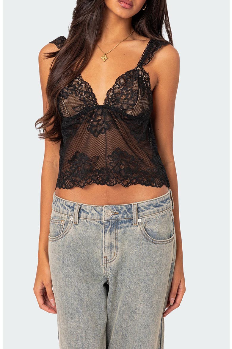 Jasmine Sheer Lace Camisole, Main, color, BLACK