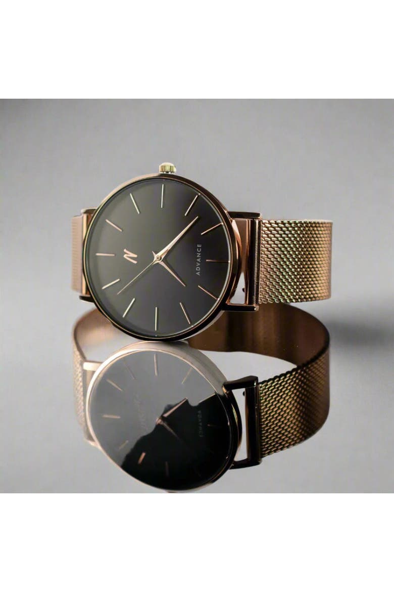 Advance CRWN Mesh Bracelet Watch, 36MM, Alternate, color, Brushed Rose Gold/Black