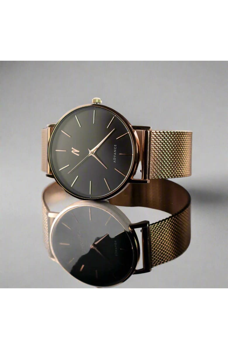 NCMPRBL Advance CRWN Mesh Bracelet Watch, 36MM, Alternate, color, Brushed Rose Gold/Black