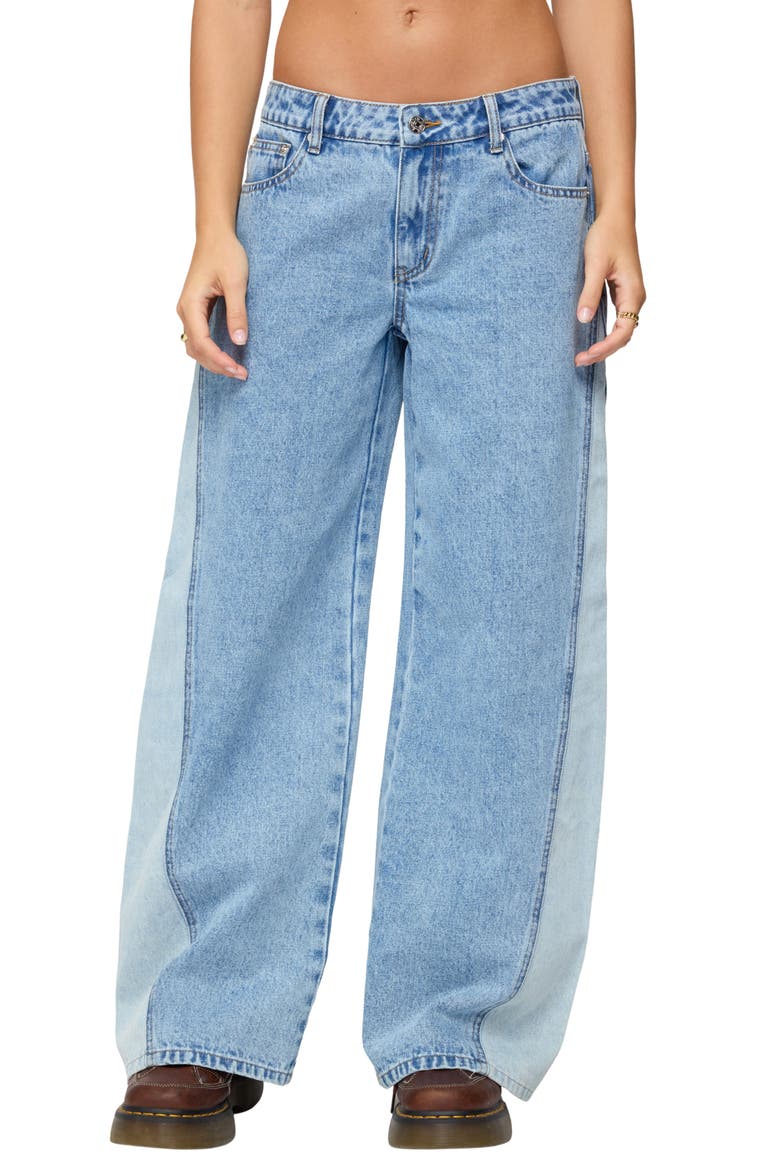 Genna Contrast Panel Low Rise Wide Leg Jeans, Main, color, BLUE-WASHED