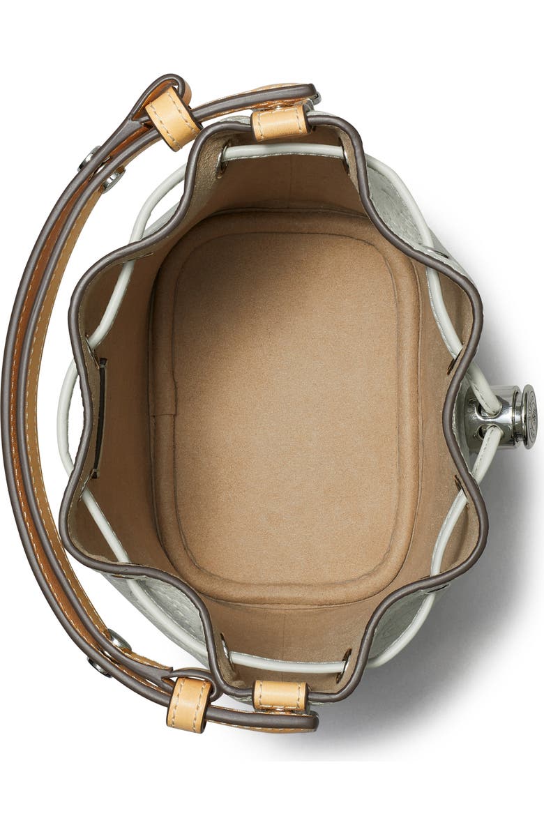 Tory Burch Mini T Monogram Pebble Leather Bucket Bag, Alternate, color, Light Titanium