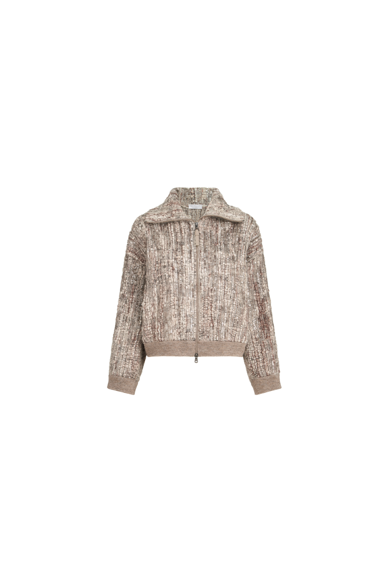 Dazzling tree bark embroidery cardigan in mohair and wool, Alternate, color, Beige