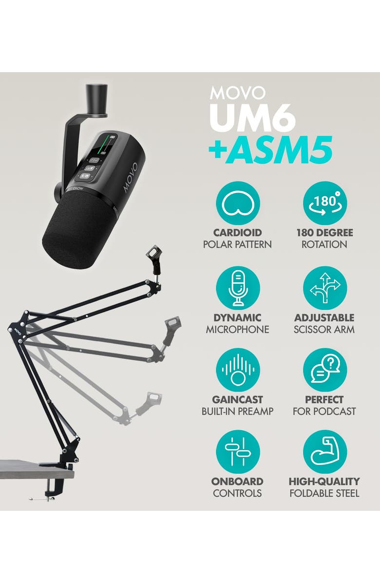 MOVO Pro Portable Podcast Equipment Bundle for iPhone/Android Phone  with  Interface, 2 UM6 Dynamic Mics, 2 Headphones, 2 Boom Arms, Alternate, color, Black